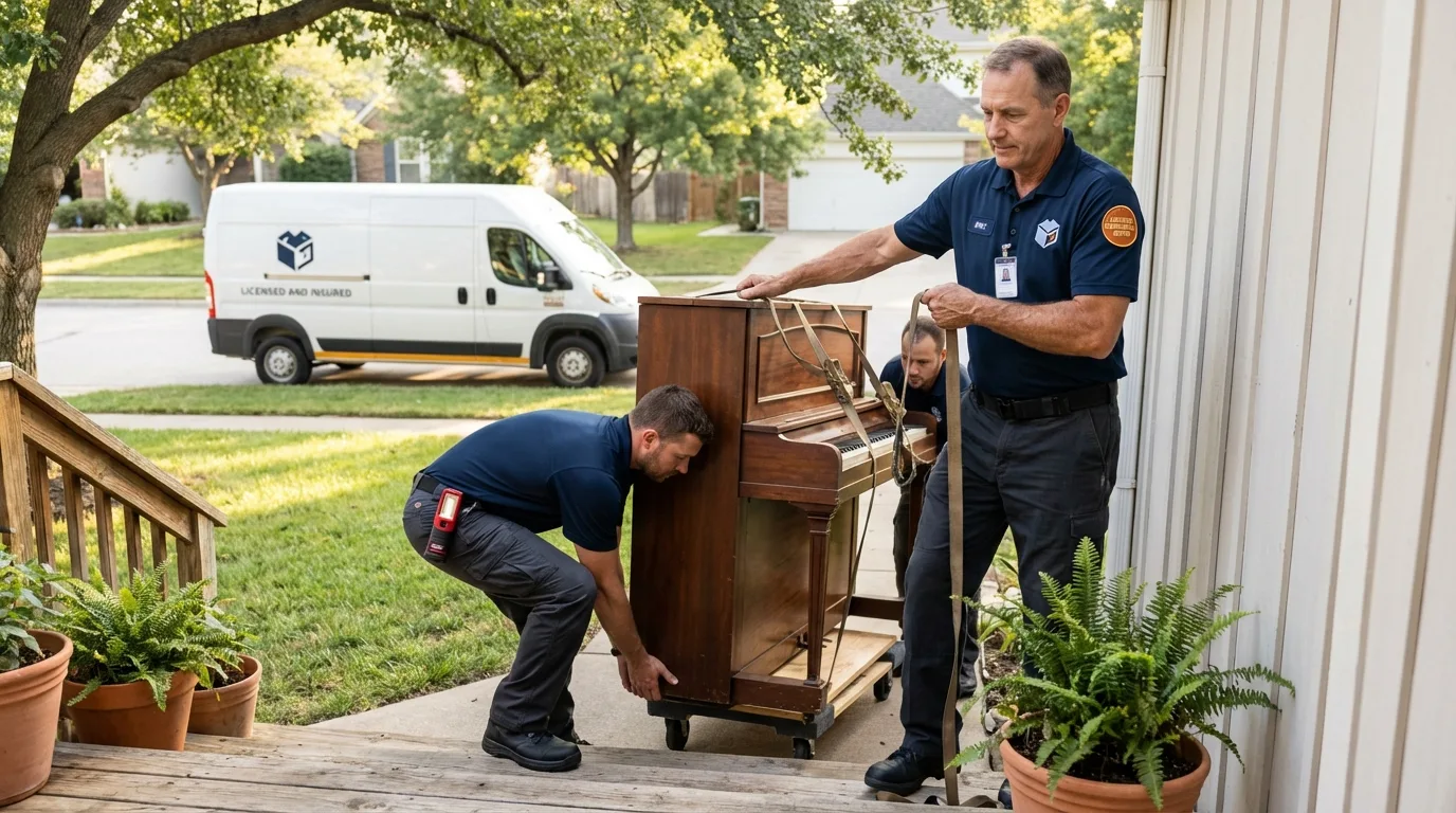 Licensed piano movers securing grand piano in Canisteo, NY