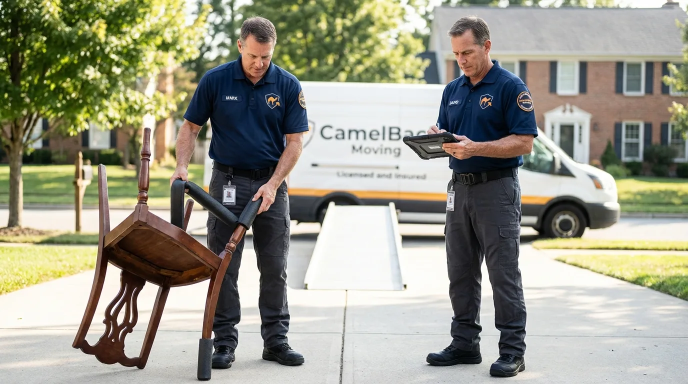 Movers inspecting furniture for damage prevention before loading in Canisteo, NY