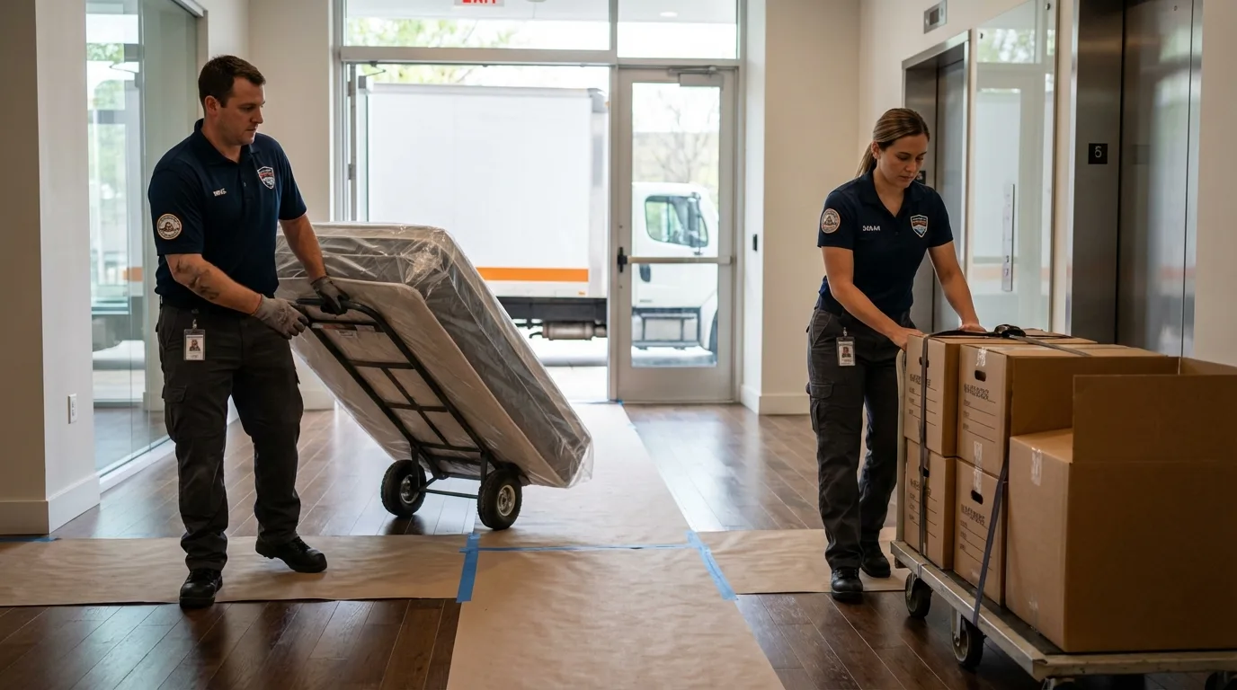 Professional apartment movers loading elevator in Canisteo, NY