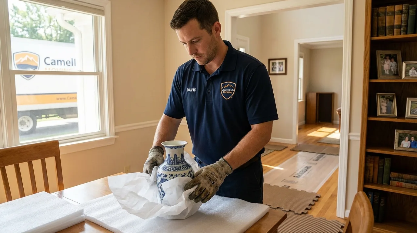 Professional crew carefully wrapping antique vase for senior downsizing move in Canisteo, NY